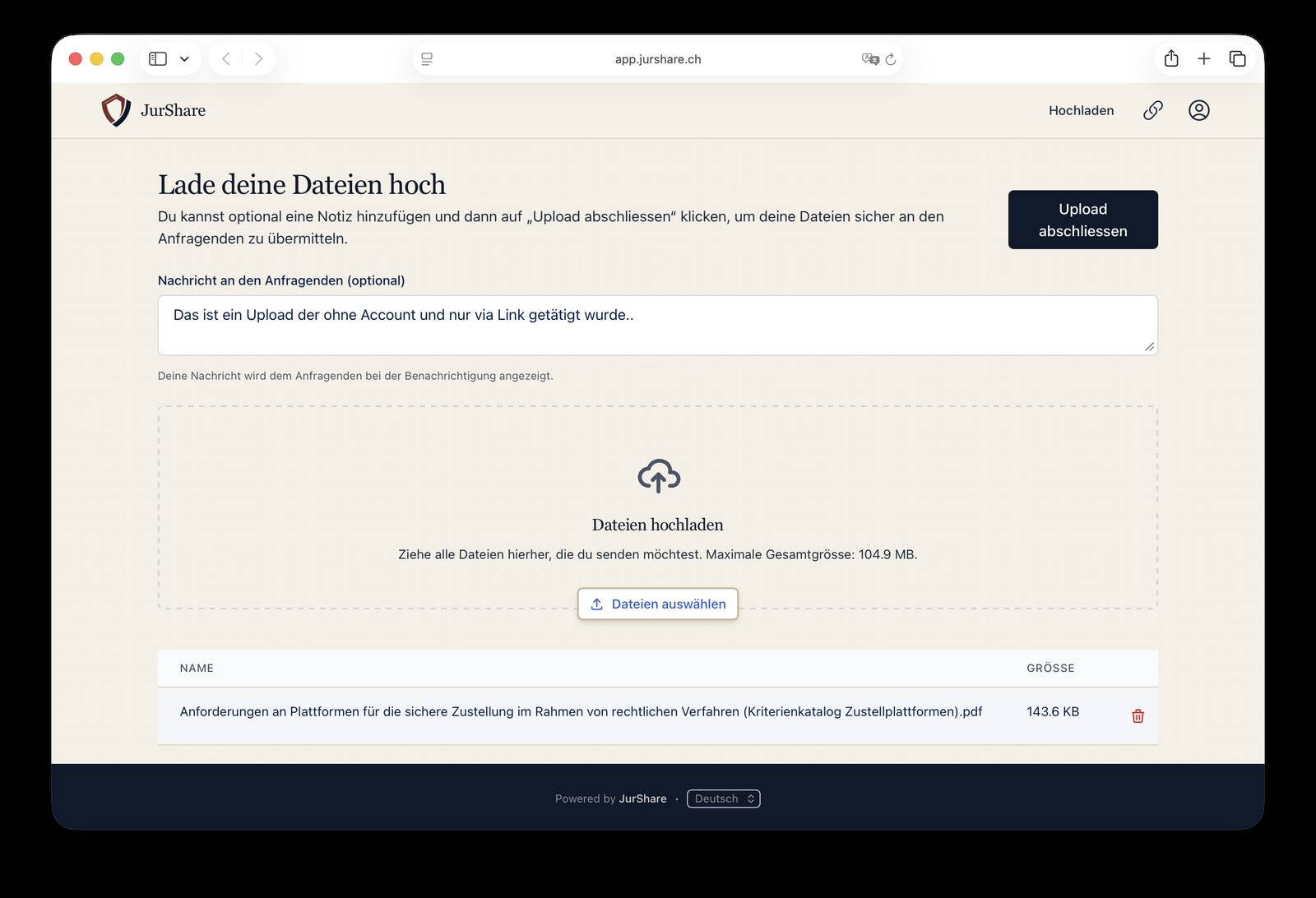 Klientenansicht: Dokumente ohne Konto über den Upload-Link einreichen